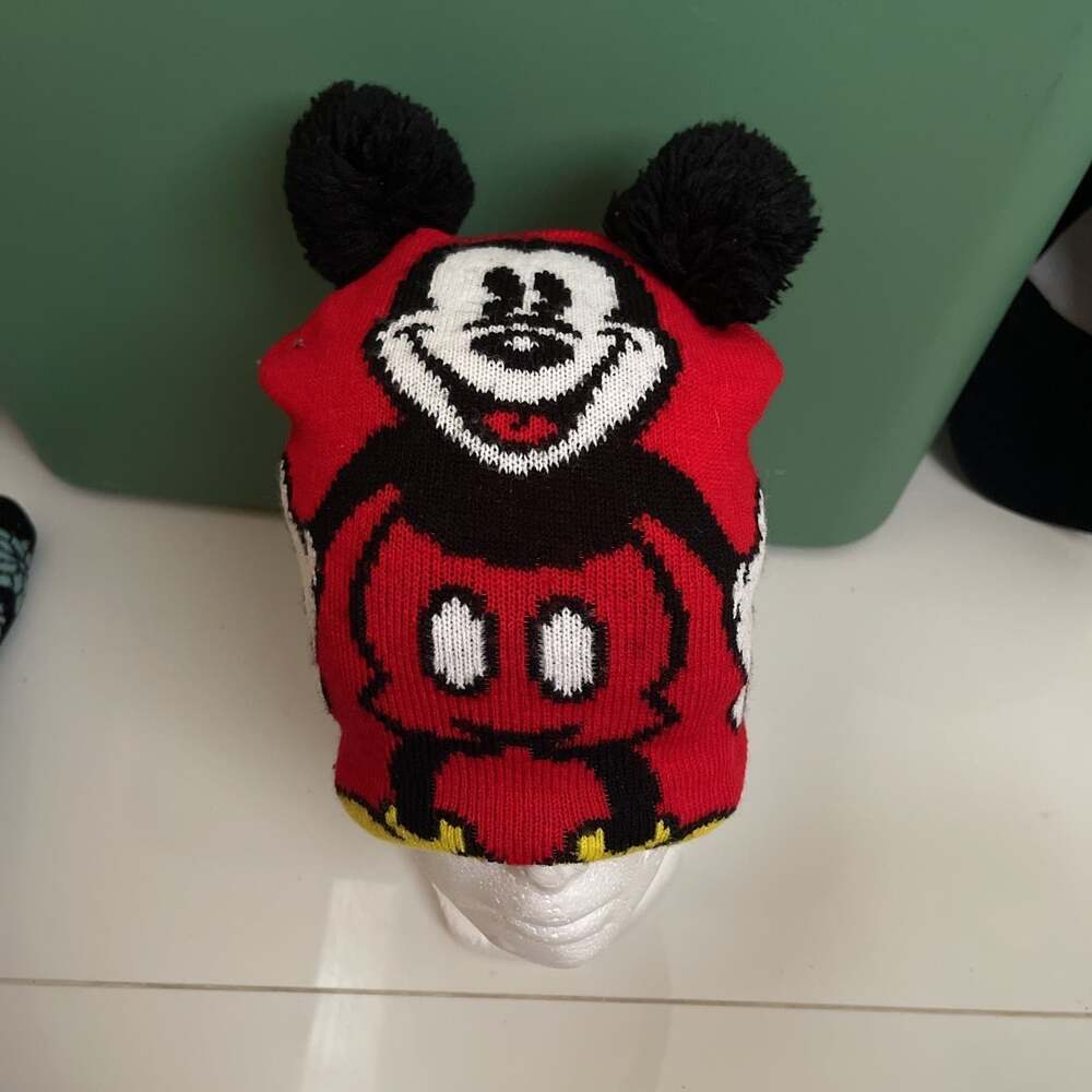 Disney Mickey Mouse Knit Beanie Pom Pom Winter Hat Red Black White